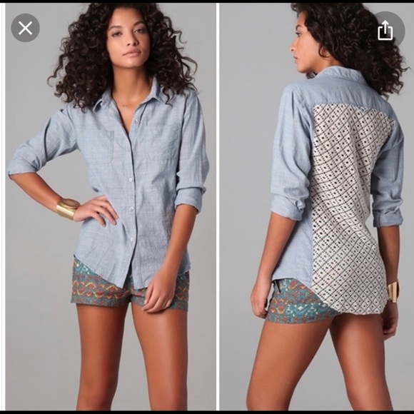 Free People Tops - Free People Chambray Shirt with Crocheted Back Size XS